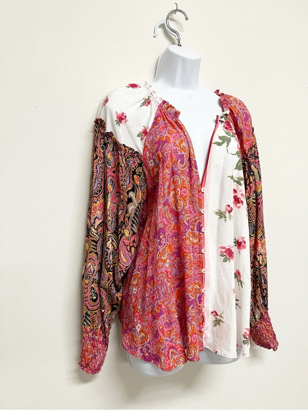 Free People Womens Pink Mixed Pattern Button Front Gemini Blouse Size Medium